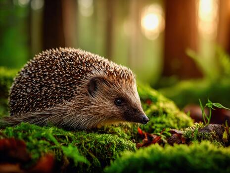 Hedgehog exploring green moss in a forest at sunset photo