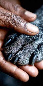 Hand gently holding a dog's paw in a warm moment of connection photo