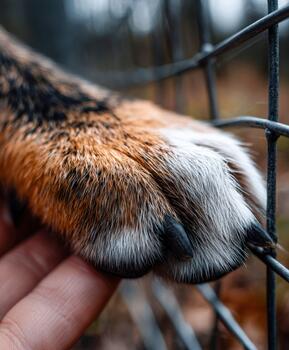 Close-up of a cat's paw reaching through a fence on a cloudy day photo