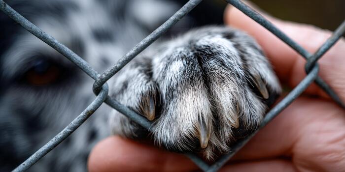 Dog reaches out through fence, showing longing for connection with human hand photo