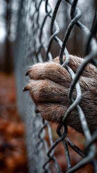 Paw reaching through a fence in a quiet wooded area during autumn photo