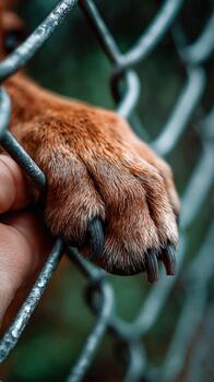 Dog paw reaching through chain-link fence shows gentle connection with human hand photo