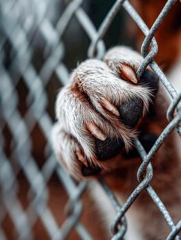 Close-up of a dog's paw gripping a chain-link fence during a sunny day photo
