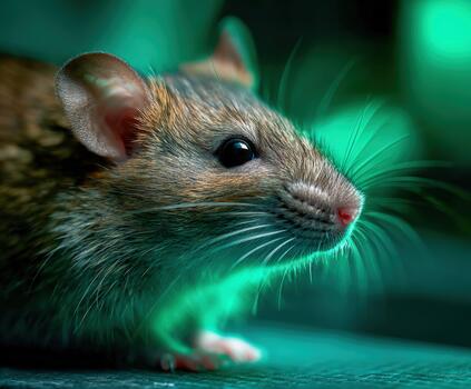 Cute rodent exploring a colorful environment at night in soft light photo