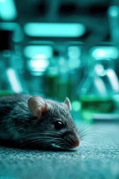 Laboratory mouse resting in a science lab with glassware and green liquid photo