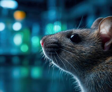 Close-up of a curious mouse exploring a scientific laboratory setting photo
