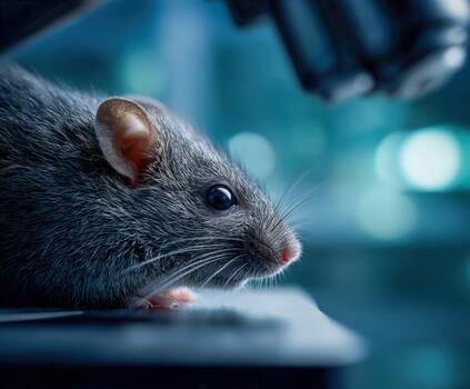 Detailed close-up of a mouse showcasing its features in a laboratory setting photo