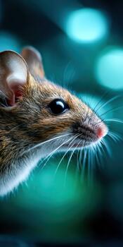 Close-up view of a mouse showcasing sharp features in a soft blue background photo