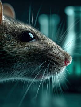 Close-up of a rat's face in a laboratory setting with green liquid background photo