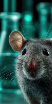 Cute gray rat in a laboratory setting surrounded by glass flasks photo