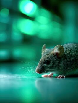 Mouse exploring a green-lit environment during a quiet evening photo