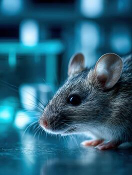 Close up of a mouse in a laboratory setting during blue hour lighting photo