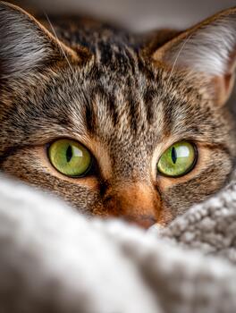 Cat with striking green eyes resting on soft blanket in cozy home setting photo