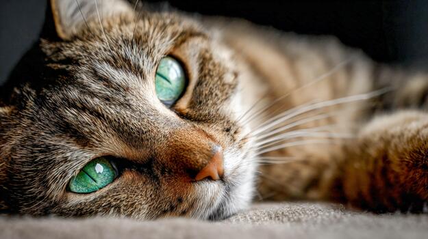 Close-up view of a resting tabby cat with bright green eyes photo