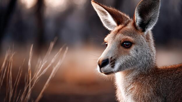 Kangaroo resting in the wild at sunset near trees and shrubs photo