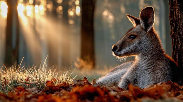 Kangaroo resting peacefully in a sunlit forest during autumn photo