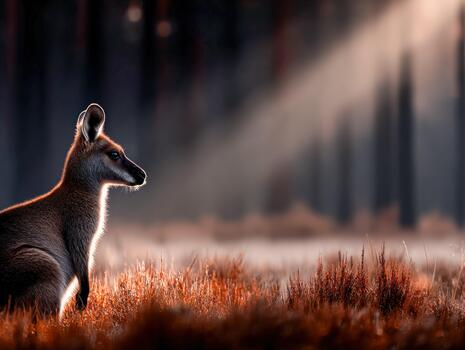 Kangaroo rests in calm forest light during peaceful dusk photo