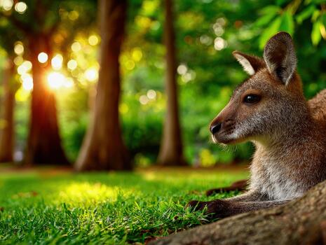 Kangaroo resting on green grass under trees during golden hour photo