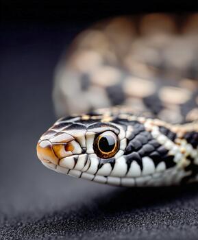 Close-up of a black and white patterned snake on a dark surface photo