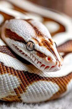 Colorful ball python resting on a soft surface in a serene setting photo