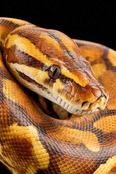 sorprendentes de cerca de un vibrante pitón descansando graciosamente en oscuro alrededores foto