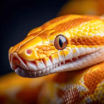de cerca ver de un sorprendentes Amarillo naranja serpiente descansando en un oscuro superficie foto
