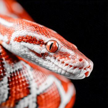 Beautiful red and white snake resting on a dark background while coiled photo