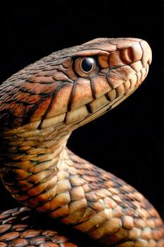 Close-up view of a detailed snake showcasing vibrant scales and striking eyes photo
