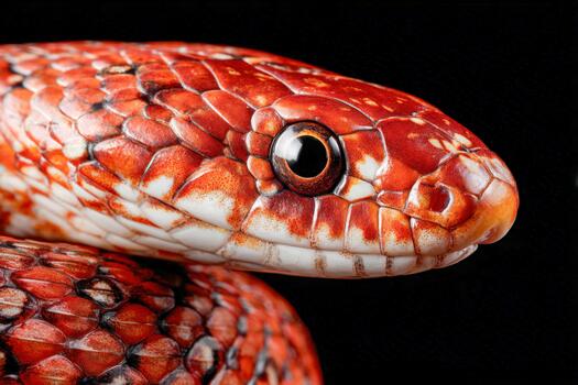 Bright orange snake with striking patterns in close up view on black background photo
