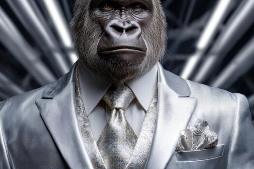 Gorilla in a silver suit poses confidently in a modern setting photo