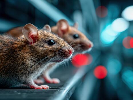 Rats exploring a lab environment with colorful lights in the background photo