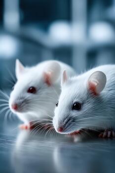 White lab mice exploring a laboratory environment during the day photo