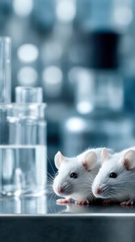 Mice in a laboratory setting with glassware and bright lighting photo