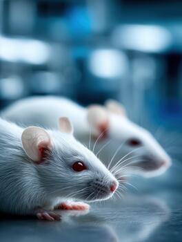 White laboratory mice resting quietly in a scientific research setting photo