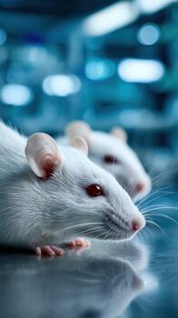 White laboratory mice resting in a clean research facility environment photo