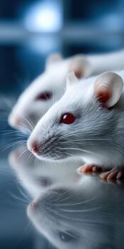 White mice with red eyes exploring a reflective surface in a laboratory setting photo