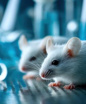 Lab mice interacting in a research environment with blue background colors photo