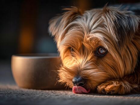 Dog resting beside bowl, enjoying quiet time in soft evening light photo