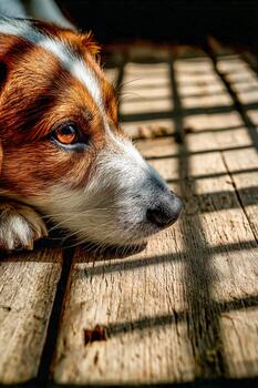 Dog resting on wooden floor with shadows in a cozy indoor setting photo