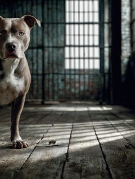 Dog stands in abandoned room with wooden floor and bars on windows photo