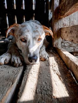 Dog resting quietly in a rustic wooden barn with sunlight streaming through photo