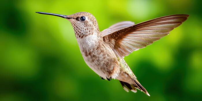 vistoso colibrí flotando cerca verde follaje en un jardín ajuste foto