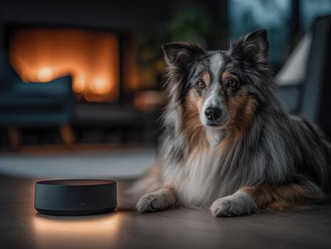 Cozy indoor setting with a collie dog relaxing near a smart speaker photo