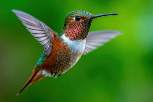 Hummingbird in mid-flight showcasing vibrant colors and quick movements in nature photo