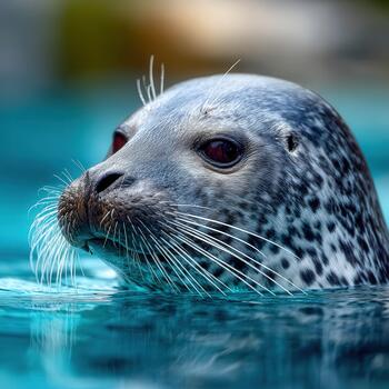 Seal swimming in clear blue water with sunlight reflecting on its sleek fur photo