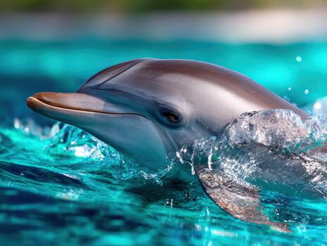 Dolphin swimming joyfully through clear turquoise water in tropical setting photo