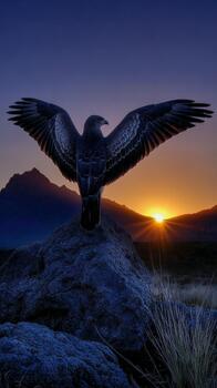 Majestic eagle spreads its wings against a vibrant sunset backdrop photo