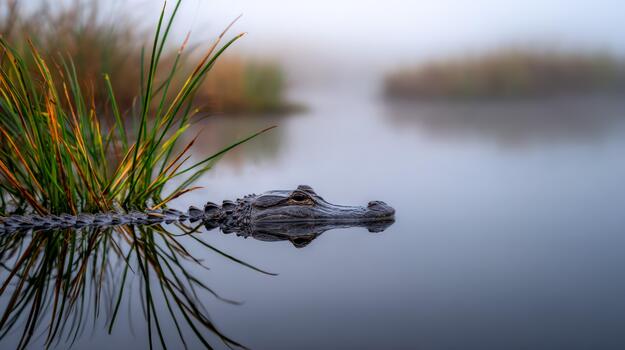 Alligator gliding quietly in misty wetland at dawn photo