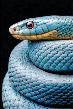 Colorful blue snake resting in a curled position on a dark surface photo