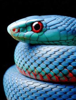 Bright blue and green snake resting on a dark background photo